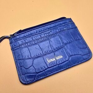 Neiman Marcus Blue Croc Embossed Leather Card Holder Wallet Zipper Pouch